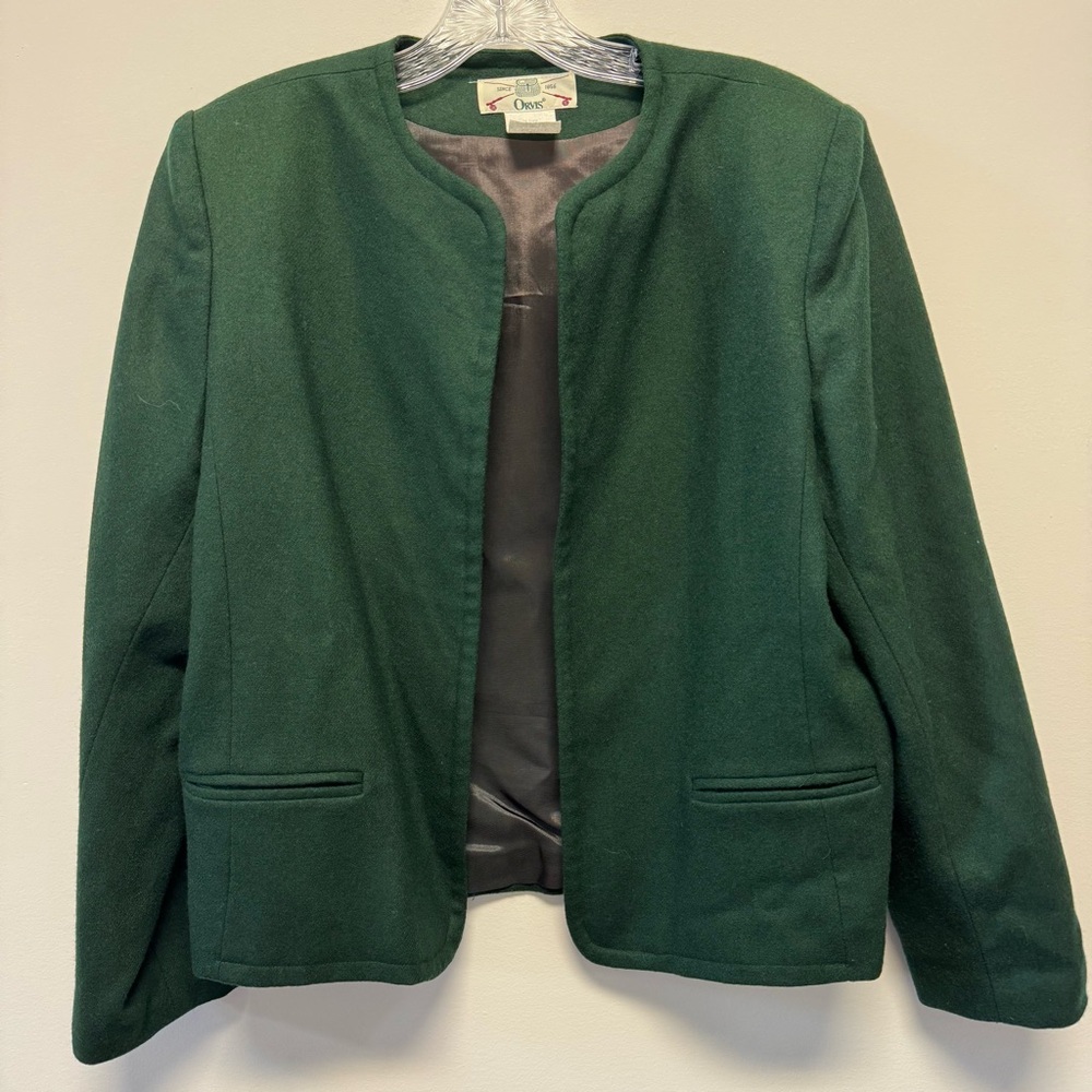 Orvis Vintage 100% Pure Wool Forest Green Open‎ Front Lined Blazer Jacket Sz. 12